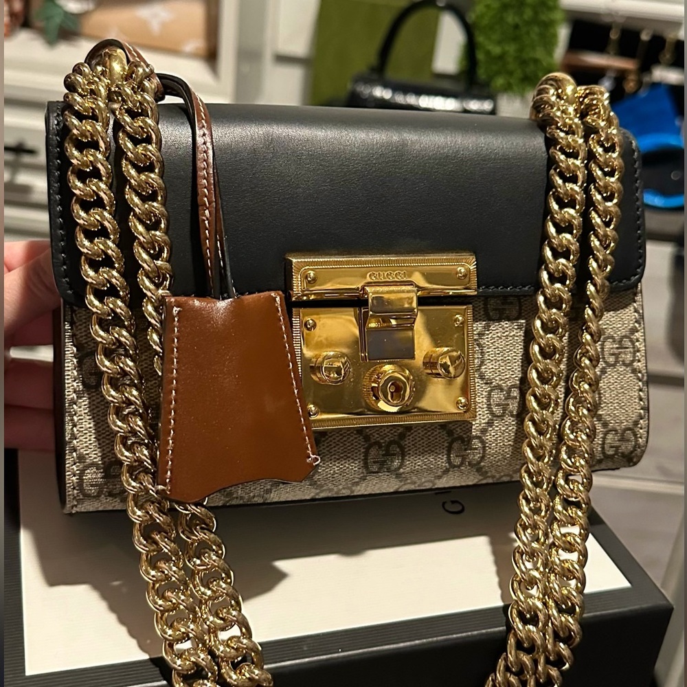 Padlock shoulder bag GG coated canvas and leather small